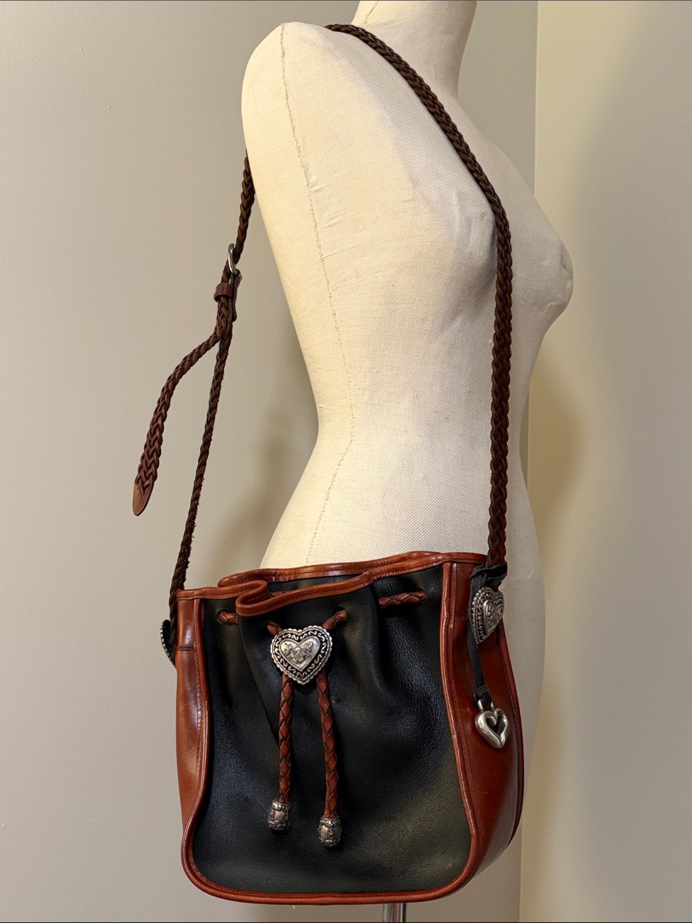 Vintage Brighton Two-Tone Leather Drawstring Bucket Bag - Woven Detail